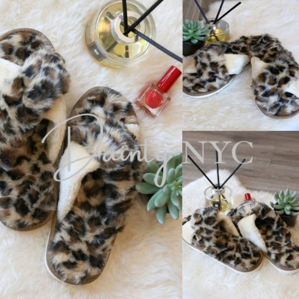 Fur Leopard Slippers Brown & Tan